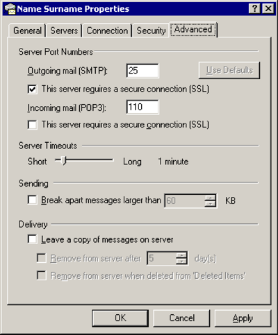 Outlook Express - Internet accounts - Mail - Properties - Advanced