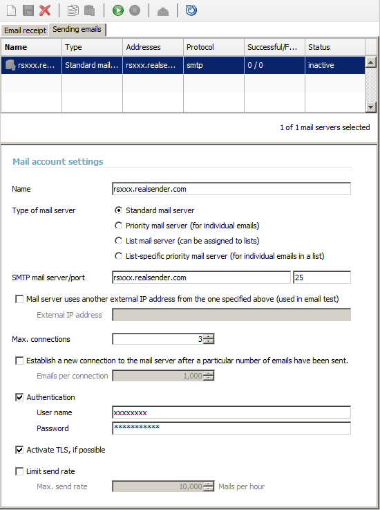 inxmail professional - global settings - administration - mail server - sending emails