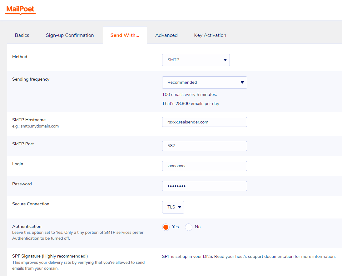 mailpoet - settings - send with - smtp