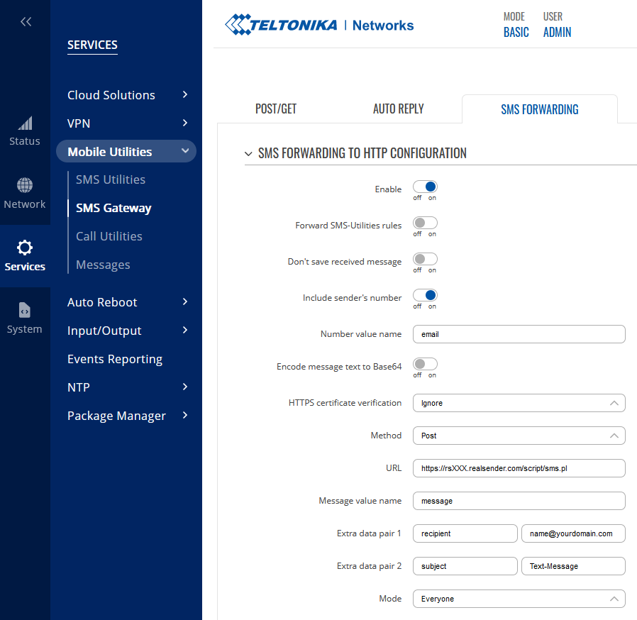 SMS Forwarding To HTTP Configuration